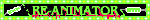 the word 're(dash)animator' in all caps. the word looks as if it is bleeding, and on each side is a syringe filled with neon green liquid