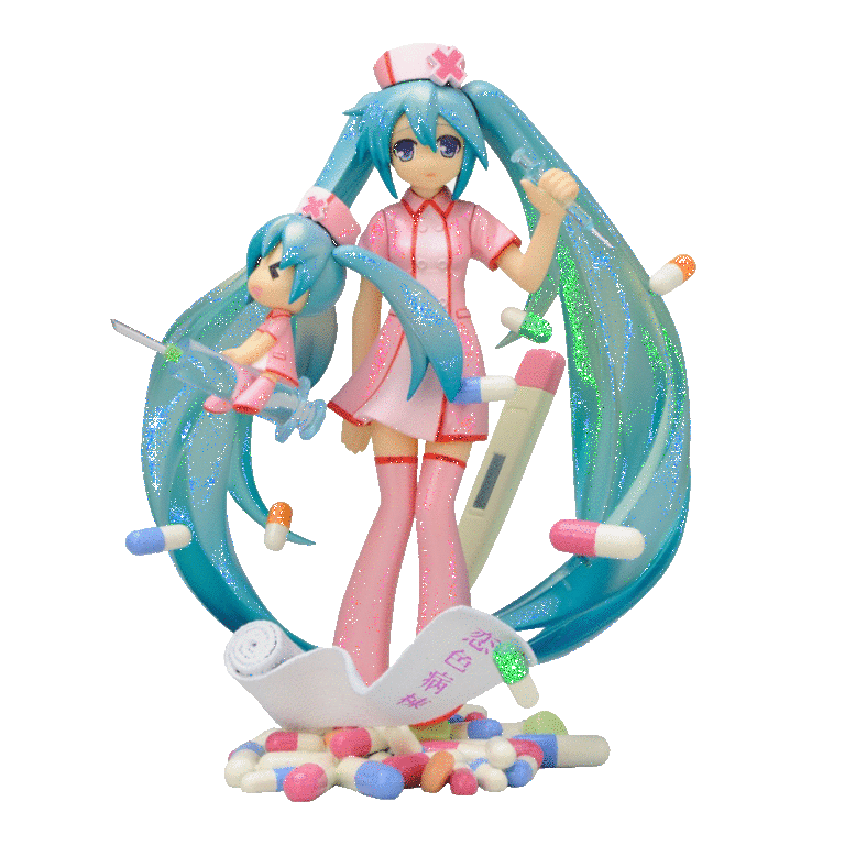 a png of a hatsune miku figurine. hatsune miku is dressed in a pink nurse outfit with pills floating around her and a pink thermometer behind her. at her feet is a roll of bandage and more pills. there is also a small chibi version of miku riding a needle off to the side of the figurine. there is a glitter filter over the png